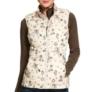 ARIAT PASTURE PRINT IDEAL VEST puffer cream printed horse pockets.  Down filled.